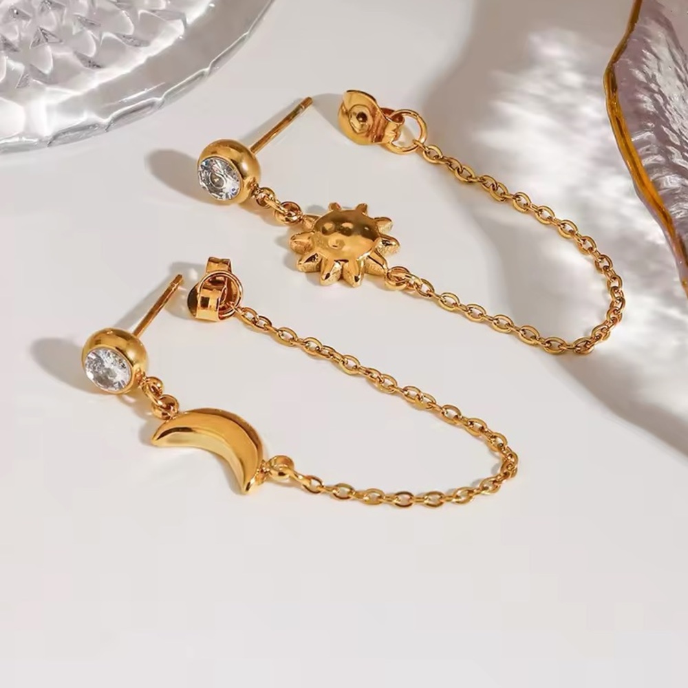 Boho Celestial Sun & Moon Mismatching Drop‎ Earrings Waterproof Hypoallergenic